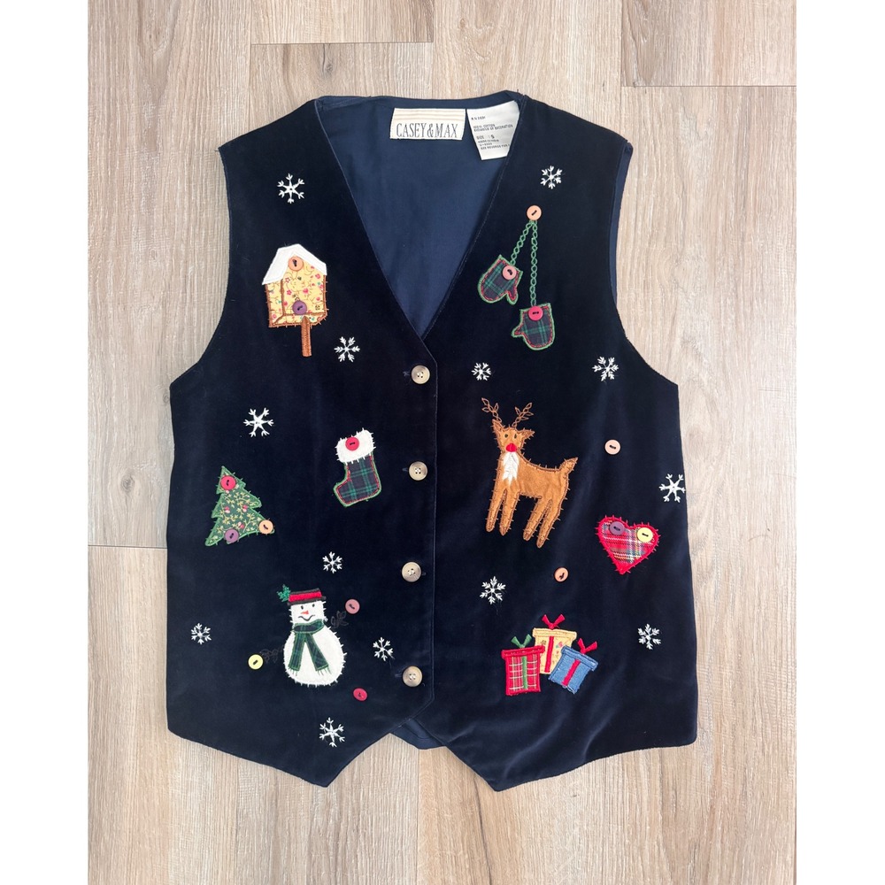 Vintage Casey & Max Christmas Velvet Cotton Vest Embroidered Womens Small